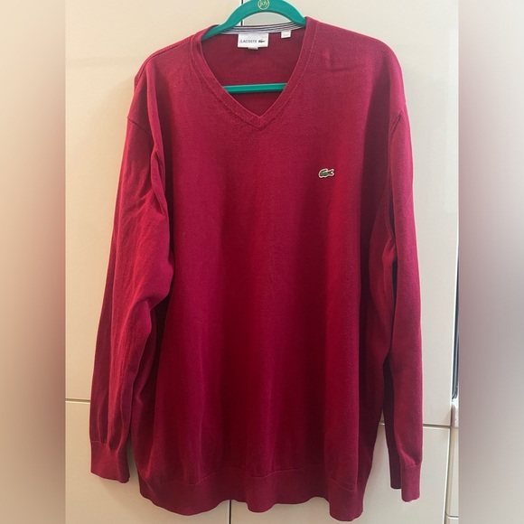 Lacoste Sweater Mens 4XL 9 Red Cotton V Neck Knit Pullover Jumper Logo Burgundy - Picture 1 of 7